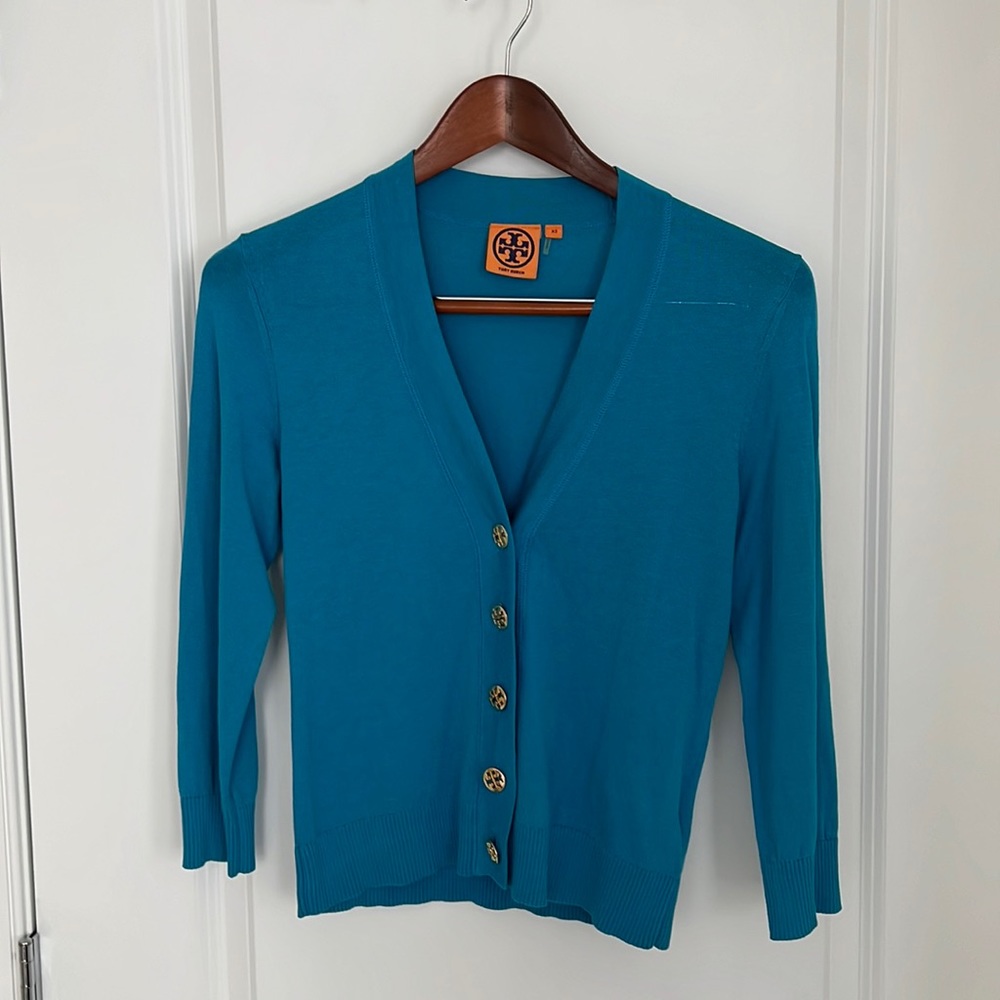 Tory Burch Teal V-Neck Button Cardigan